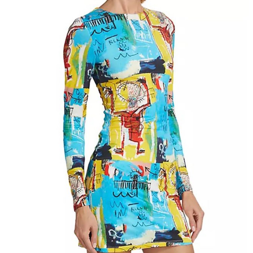 Alice + Olivia collab with Jean-Michel Basquiat Blue Bodycon Long Sleeve Dress